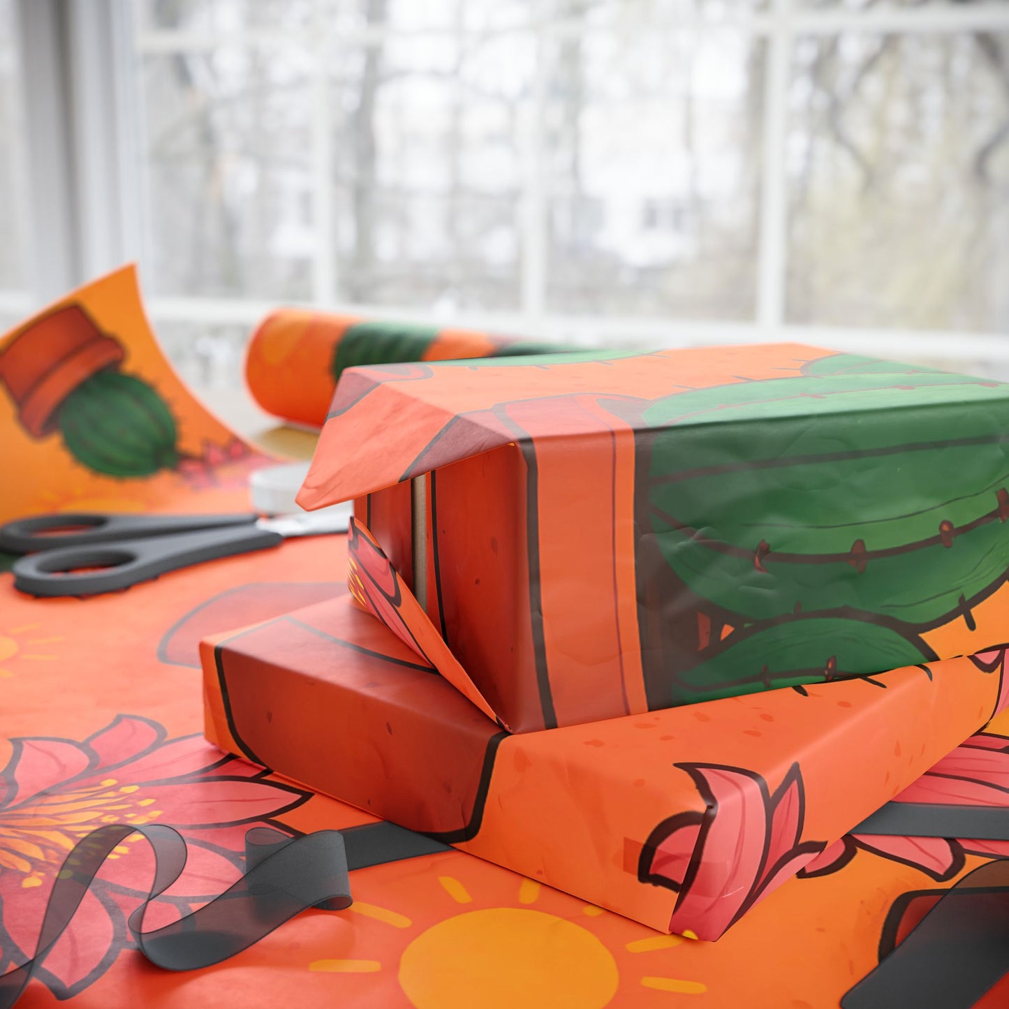 Cactus Bloom Wrapping Paper – Vibrant Desert Succulent Design in Terracotta Pots