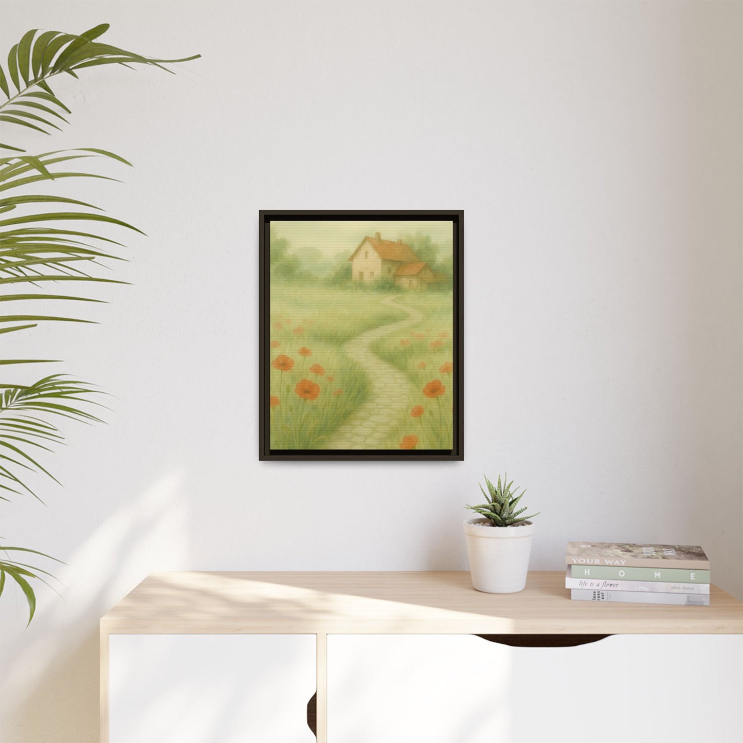 Poppy Path to Home – Framed Matte Canvas of Cottage & Flower Field Landscape