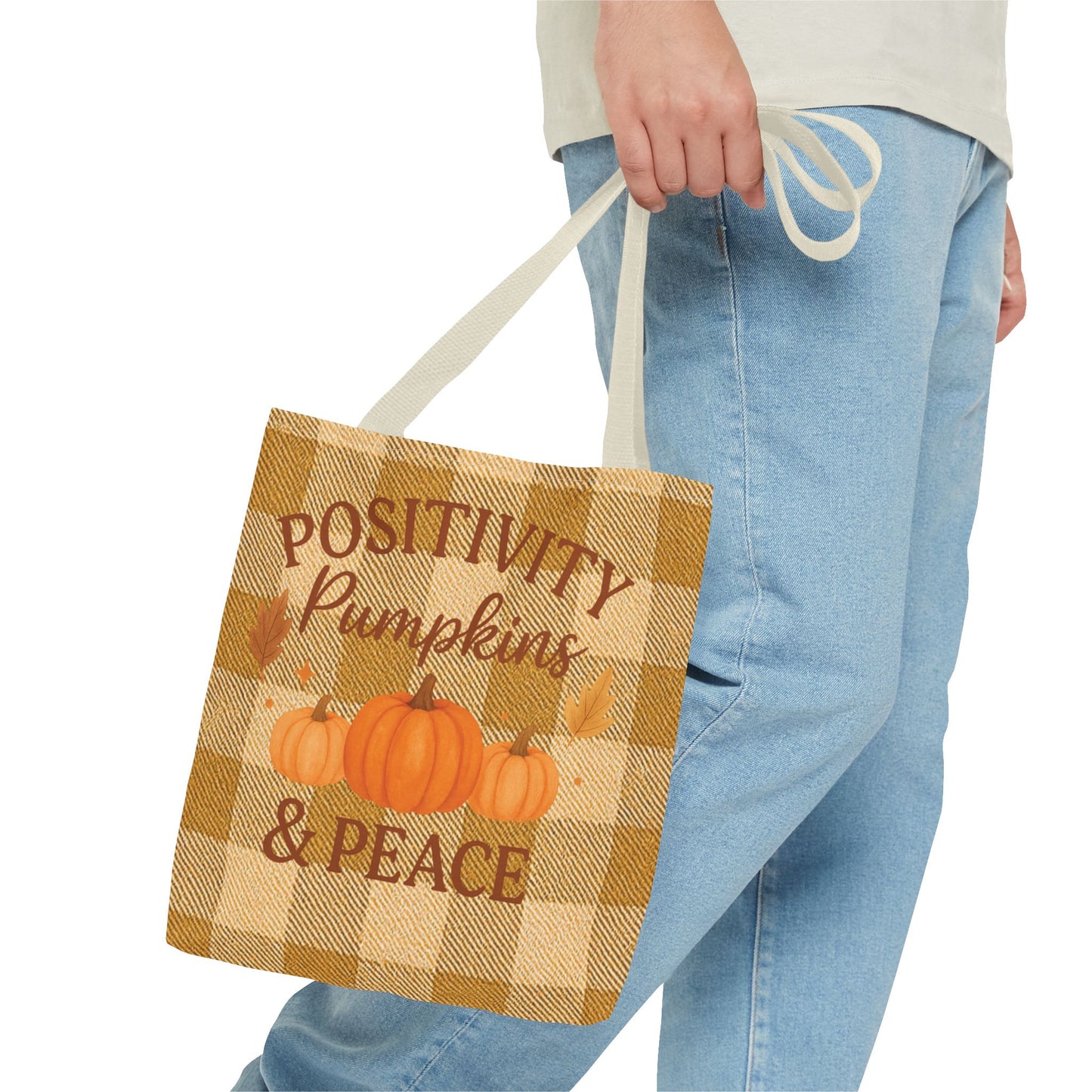 Positivity, Pumpkins & Peace Fall Tote Bag – Autumn Plaid Reusable Shopping & Everyday Carry Bag