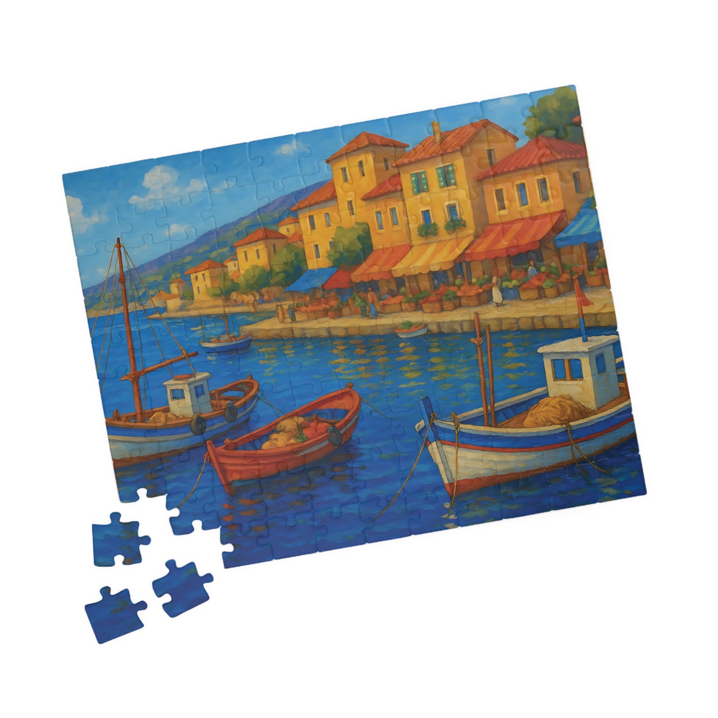 Mediterranean Harbor Jigsaw Puzzle – Colorful Coastal Village with Fishing Boats