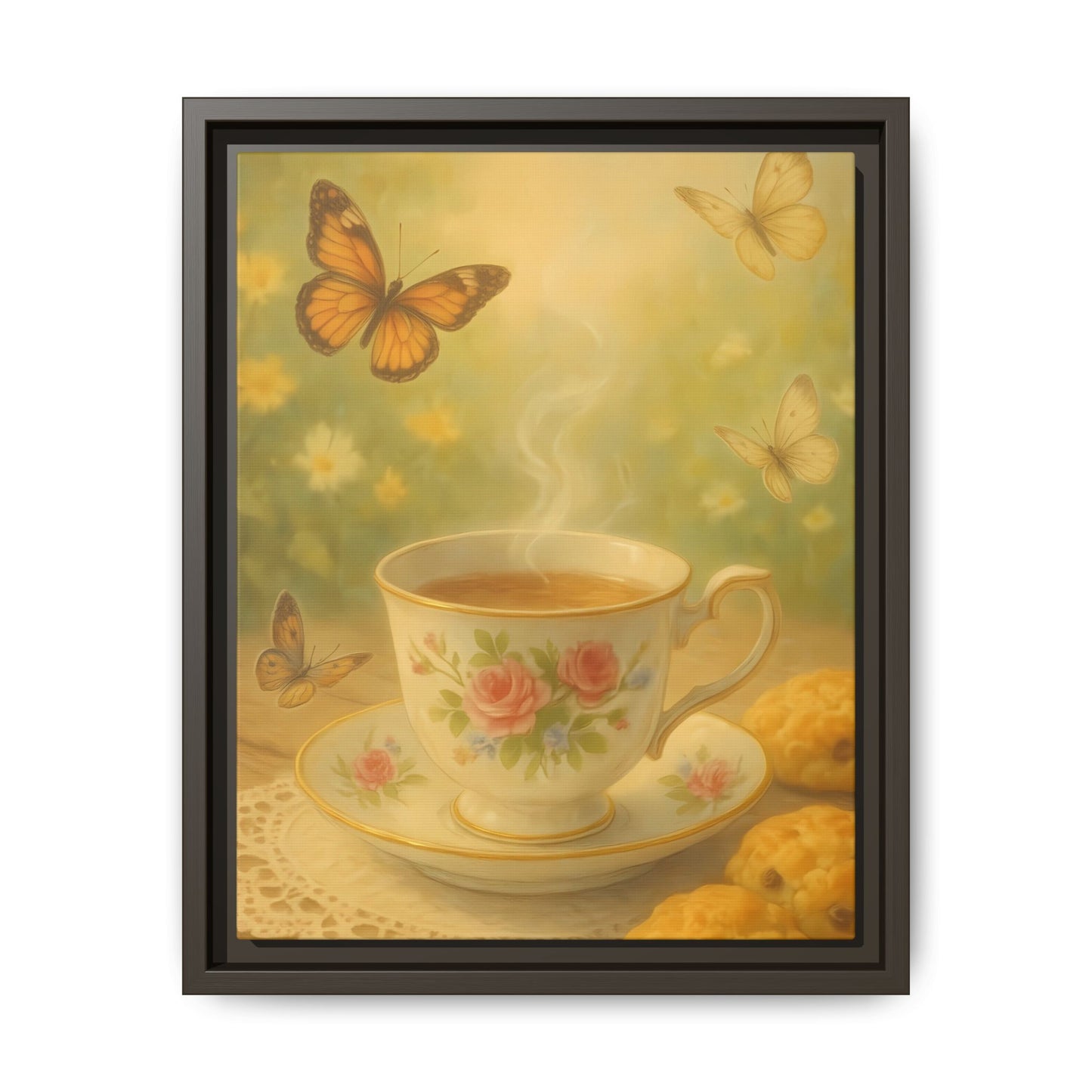 Tea & Butterflies – Framed Matte Canvas of Vintage Teacup and Garden Scene