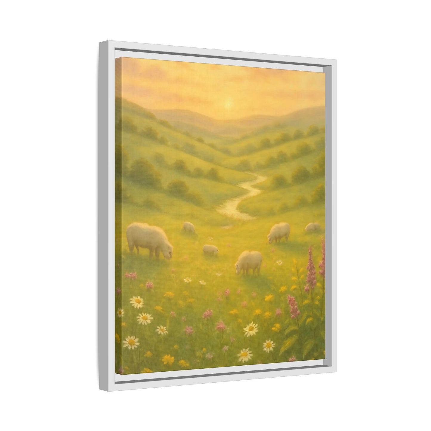 Golden Meadow Sunrise – Framed Matte Canvas Pastoral Landscape Art