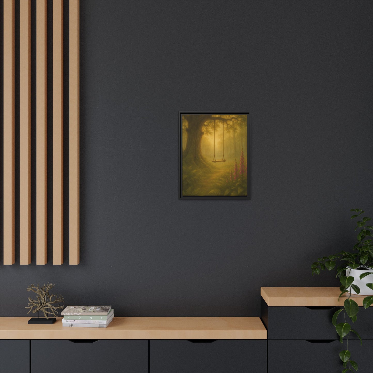 Golden Forest Swing – Framed Matte Canvas Woodland Wall Art