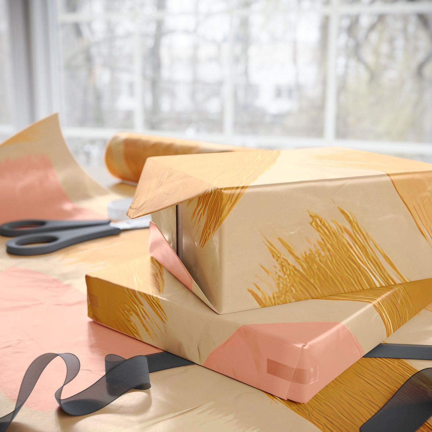 Golden Blush Brushstroke Wrapping Paper – Luxurious Abstract Gift Wrap