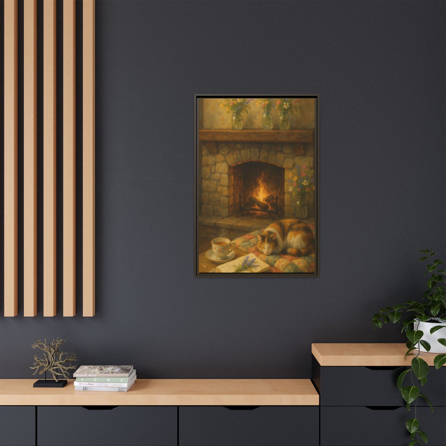 Hearthside Comfort – Framed Matte Canvas with Cat, Fireplace & Tea