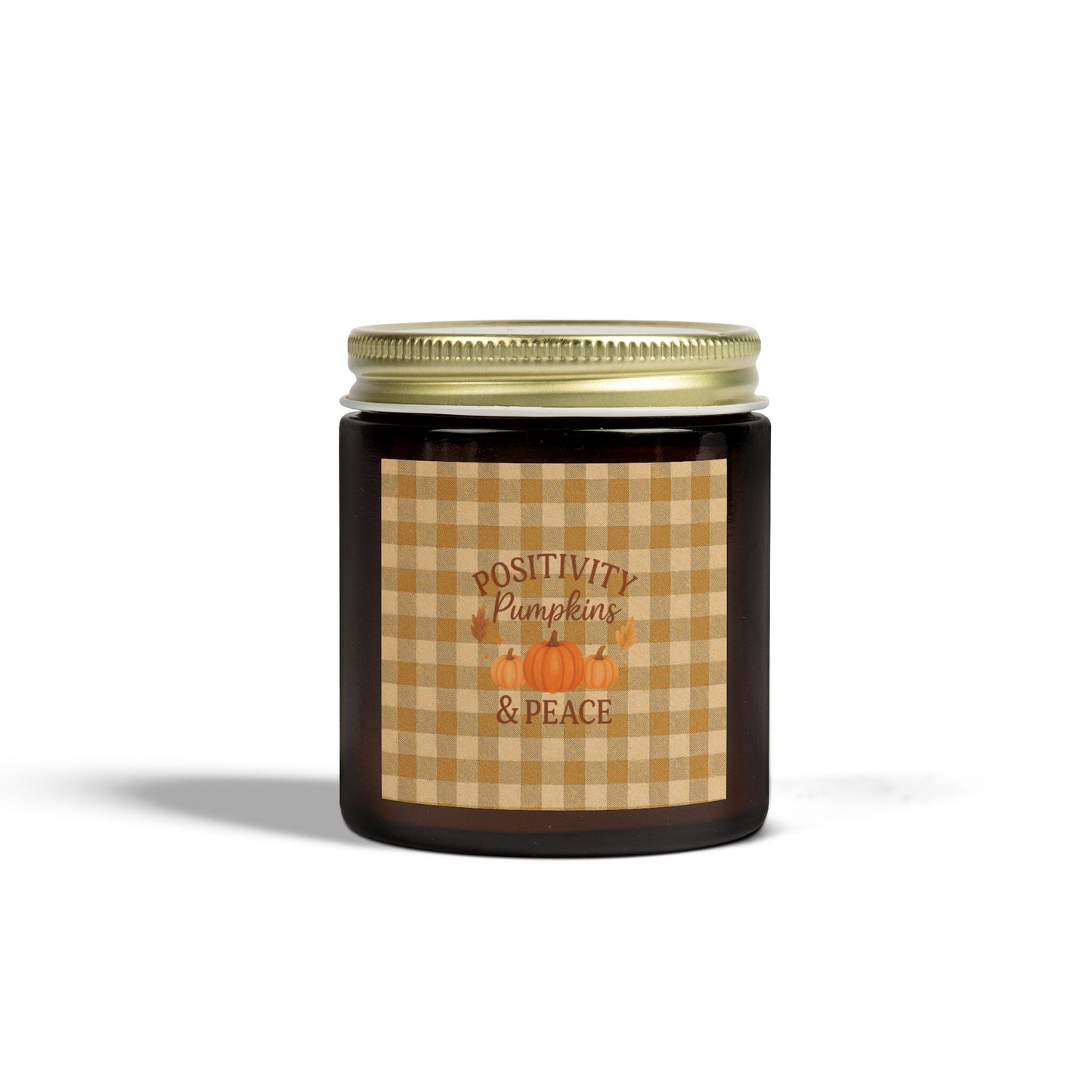 Positivity Pumpkins & Peace Candle - Fall Scented Coconut Apricot Wax Candle in Gingham Jar, Eco-Friendly Autumn Gift, 4oz or 9oz