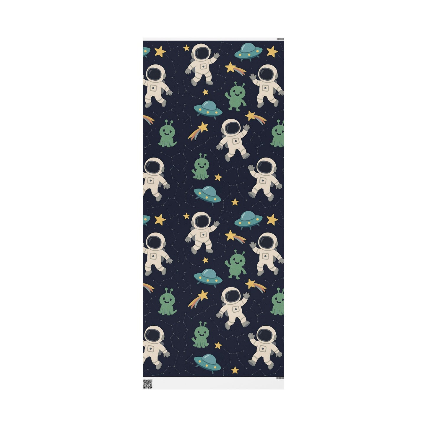 Space Explorers Wrapping Paper – Astronauts, Aliens & UFOs on Navy Starry Sky