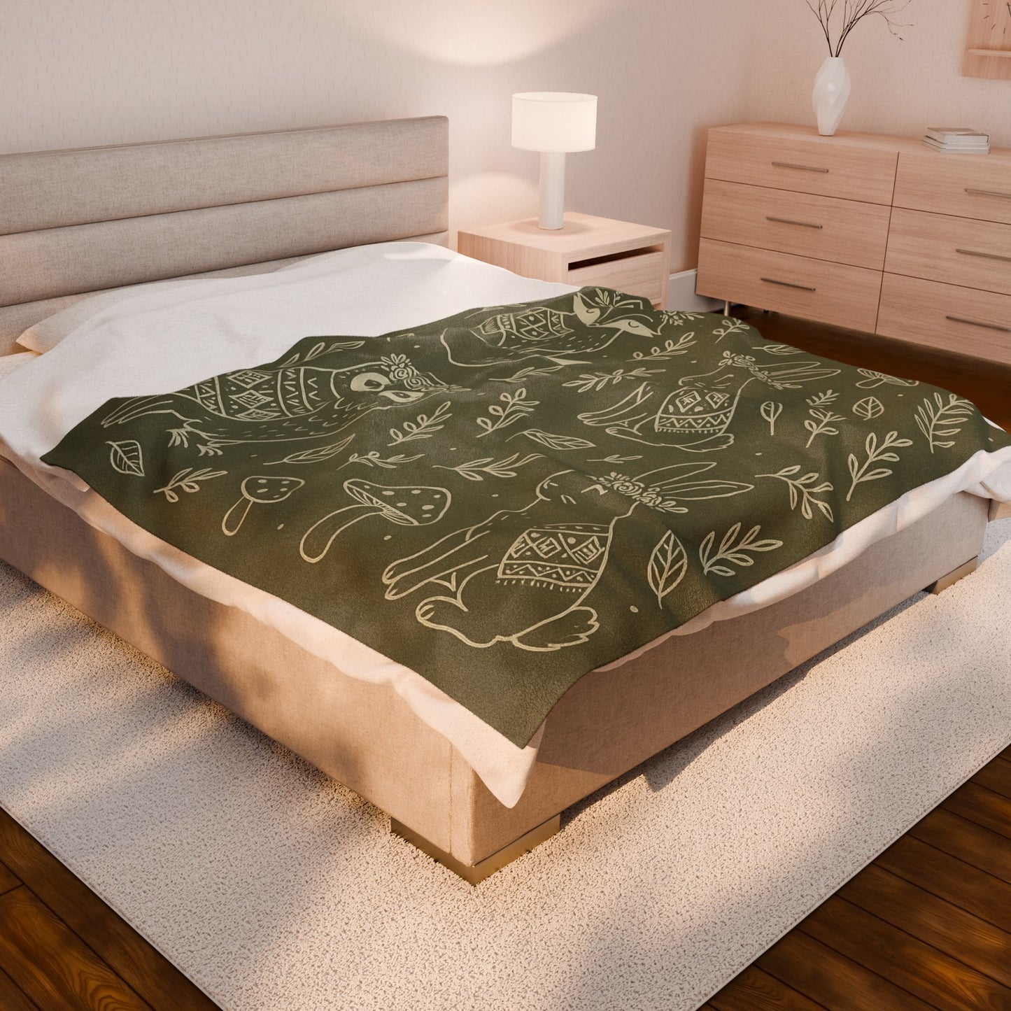 Boho Woodland Animal Velveteen Plush Blanket – Forest Green