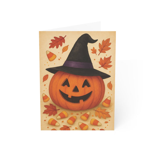 Halloween Card – Smiling Jack-O’-Lantern with Witch Hat & Candy Corn – Premium 270gsm Card + Envelope
