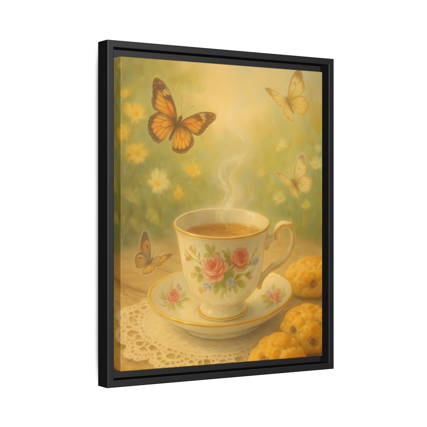 Tea & Butterflies – Framed Matte Canvas of Vintage Teacup and Garden Scene