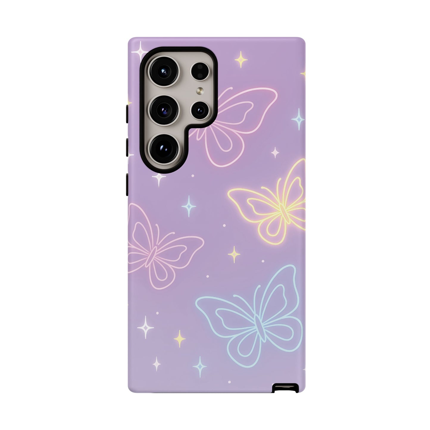 Pastel Butterfly Dream Phone Case – Purple Neon Glow with Stars