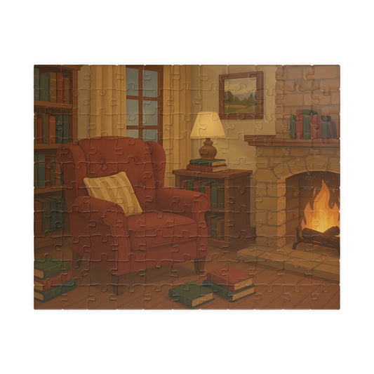 Cozy Reading Nook Jigsaw Puzzle – Fireplace & Armchair Scene