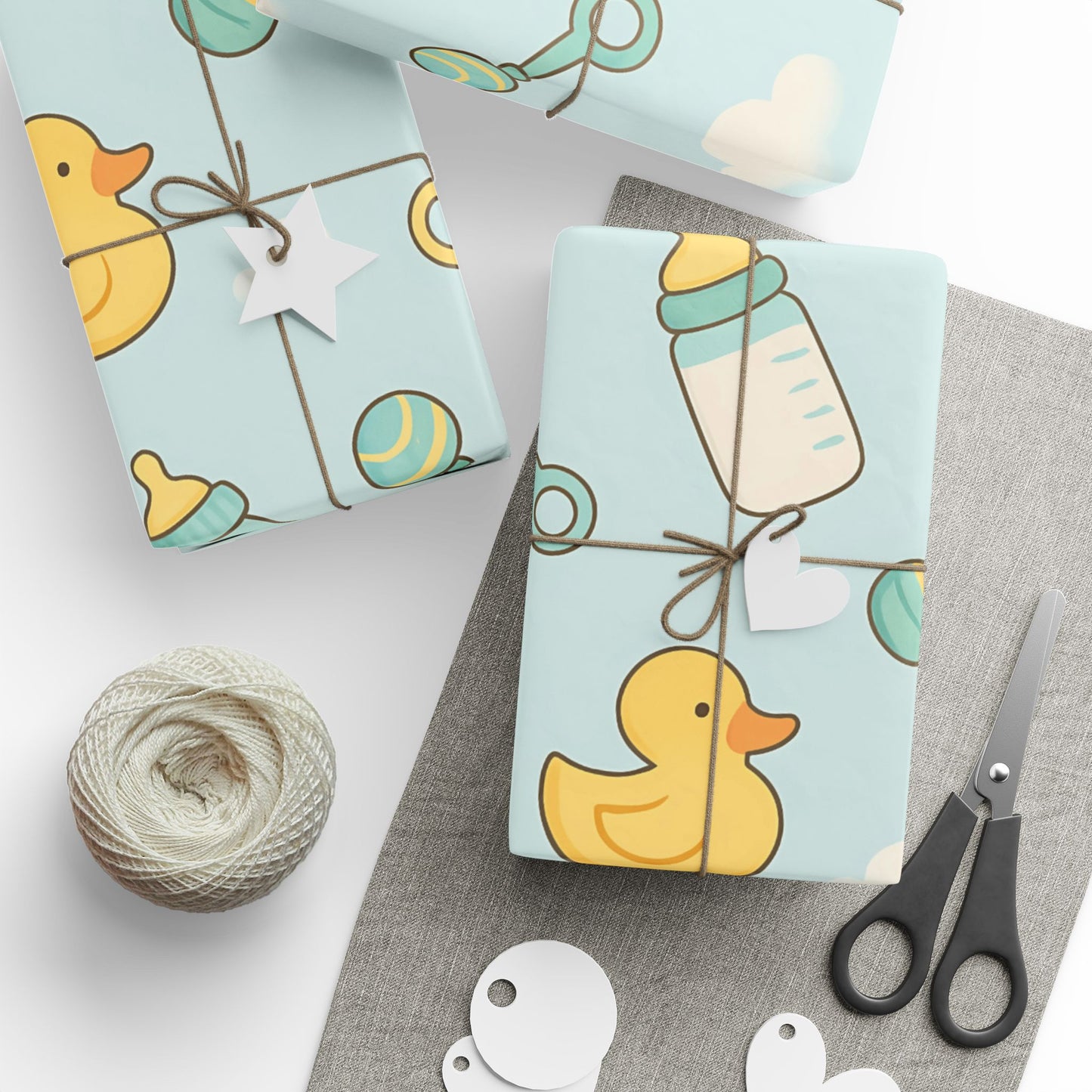Baby Shower Wrapping Paper – Storks, Ducks & Baby Essentials on Sky Blue
