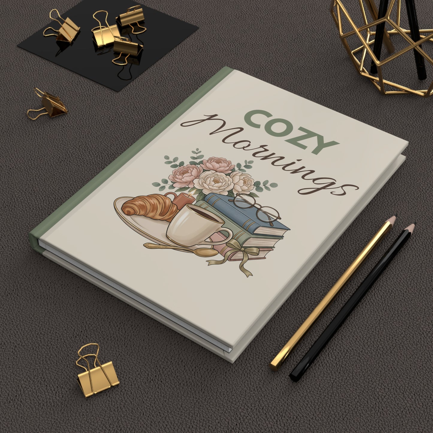 Cozy Mornings Hardcover Journal — Floral Coffee & Books Notebook