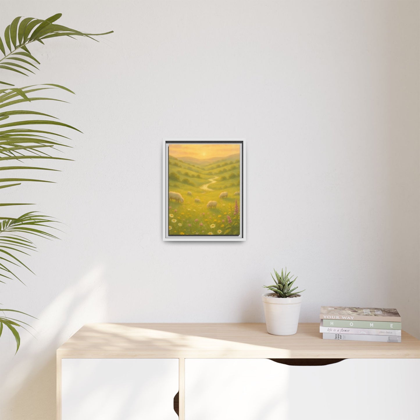 Golden Meadow Sunrise – Framed Matte Canvas Pastoral Landscape Art