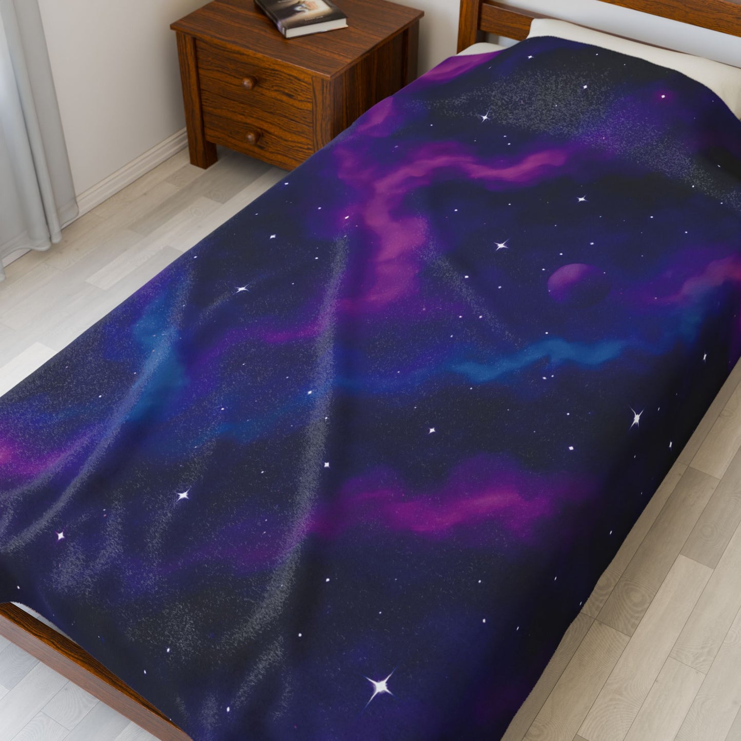 Velveteen Galaxy Plush Blanket – Cosmic Nebula Print in Purple & Blue (Adult Size)