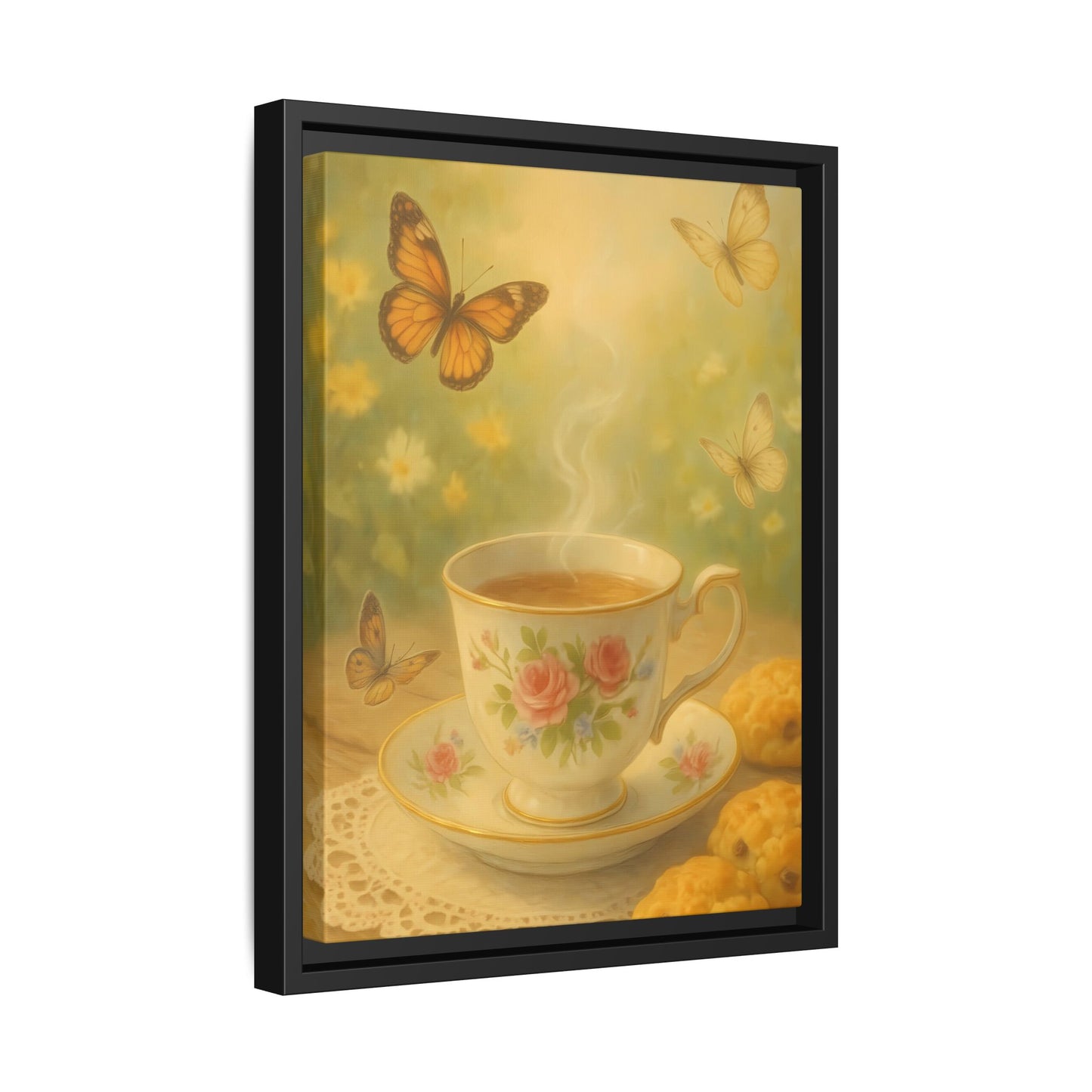Tea & Butterflies – Framed Matte Canvas of Vintage Teacup and Garden Scene