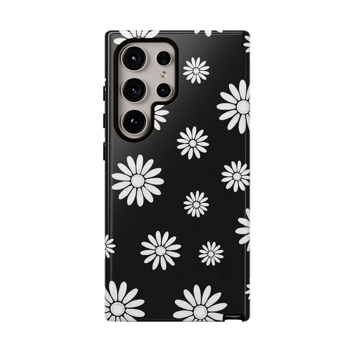 Retro Black & White Daisy Phone Case – Bold Floral Pattern with 3D Wrap Design