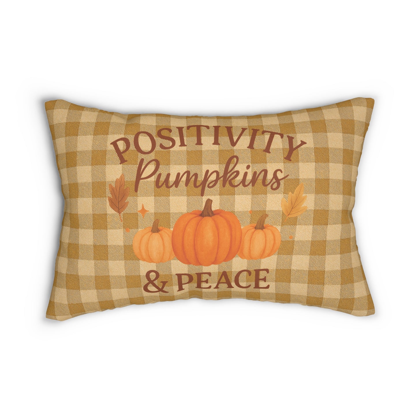 Decorative pillow with pumpkins and text on a checkered background