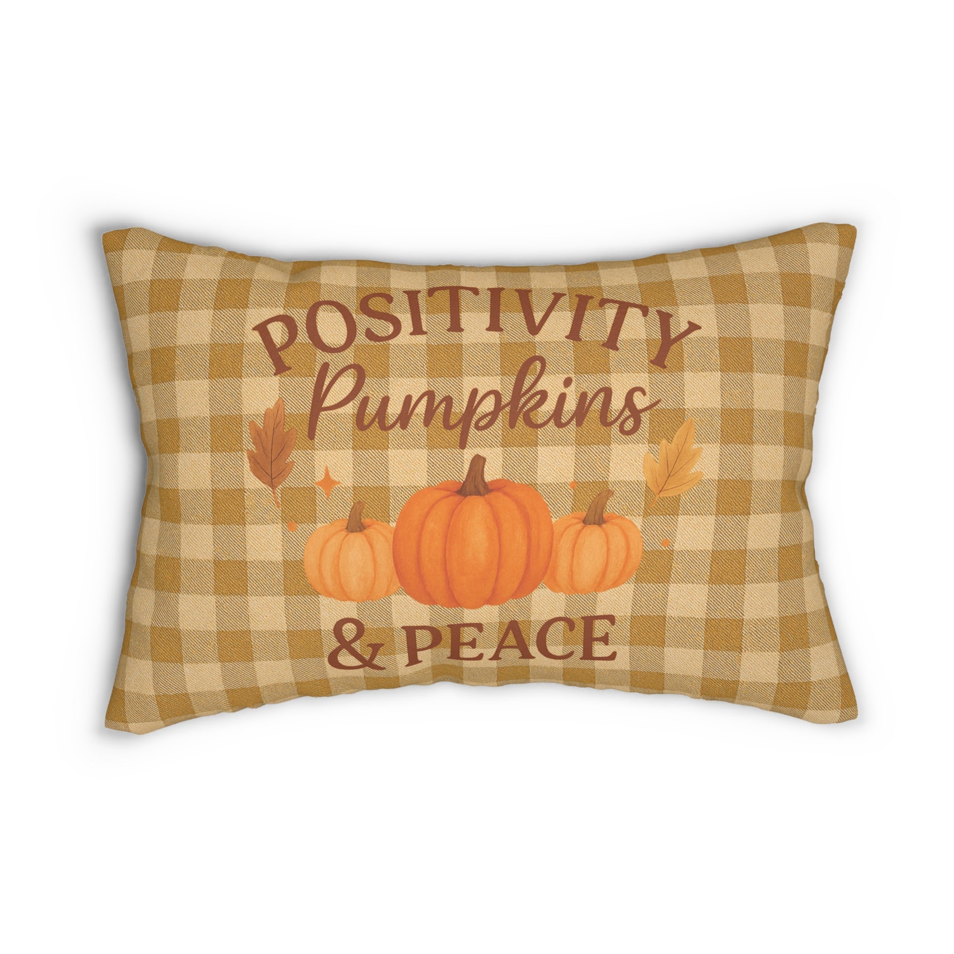 Decorative pillow with pumpkins and text on a checkered background