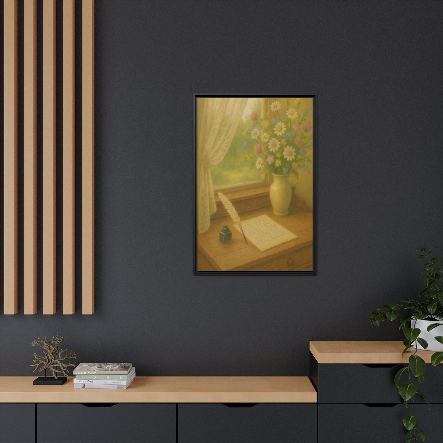 Sunlit Writing Desk – Framed Matte Canvas Art of Quill, Flowers & Lace Window