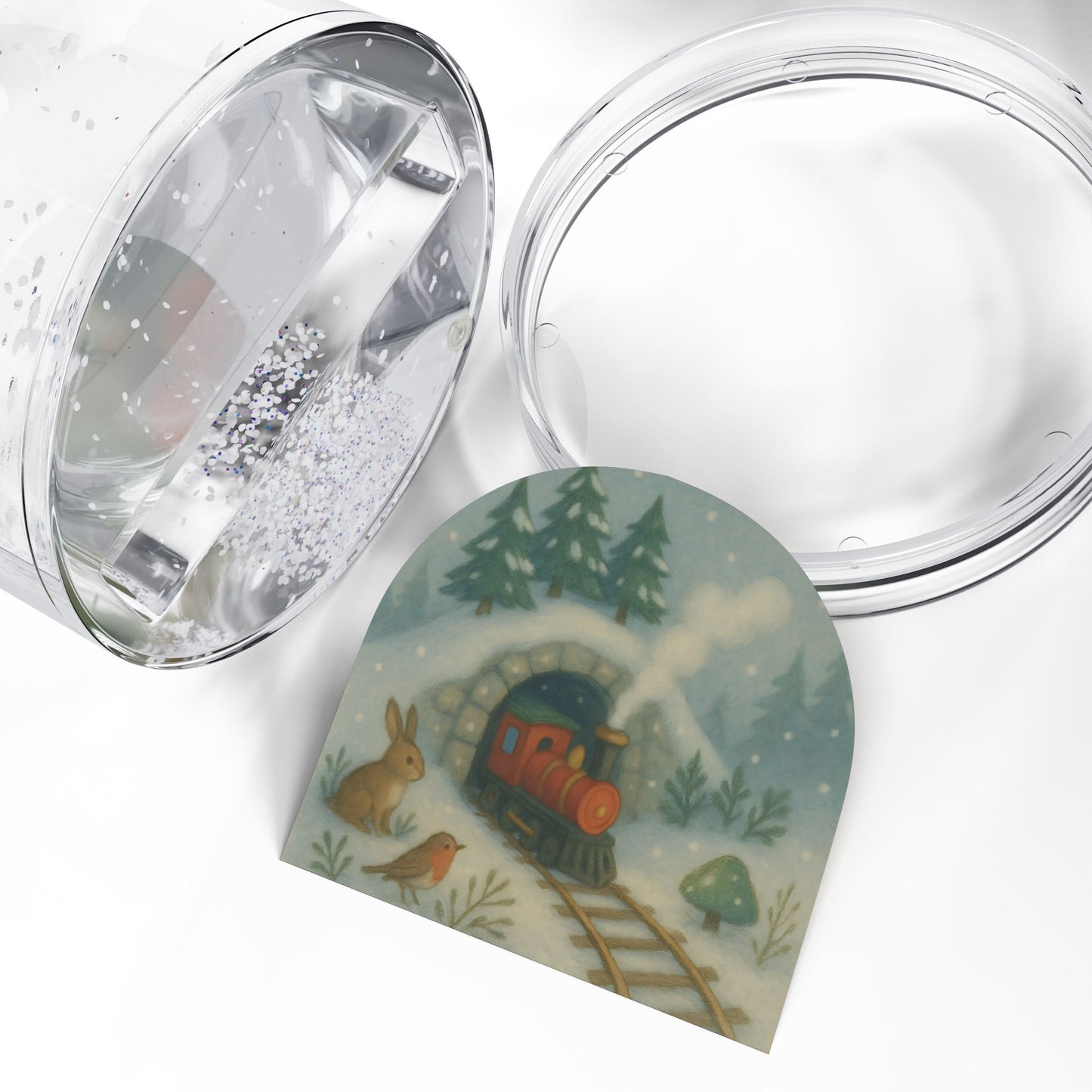 Whimsical Winter Train Snow Globe – Woodland Tunnel Scene with Forest Animals