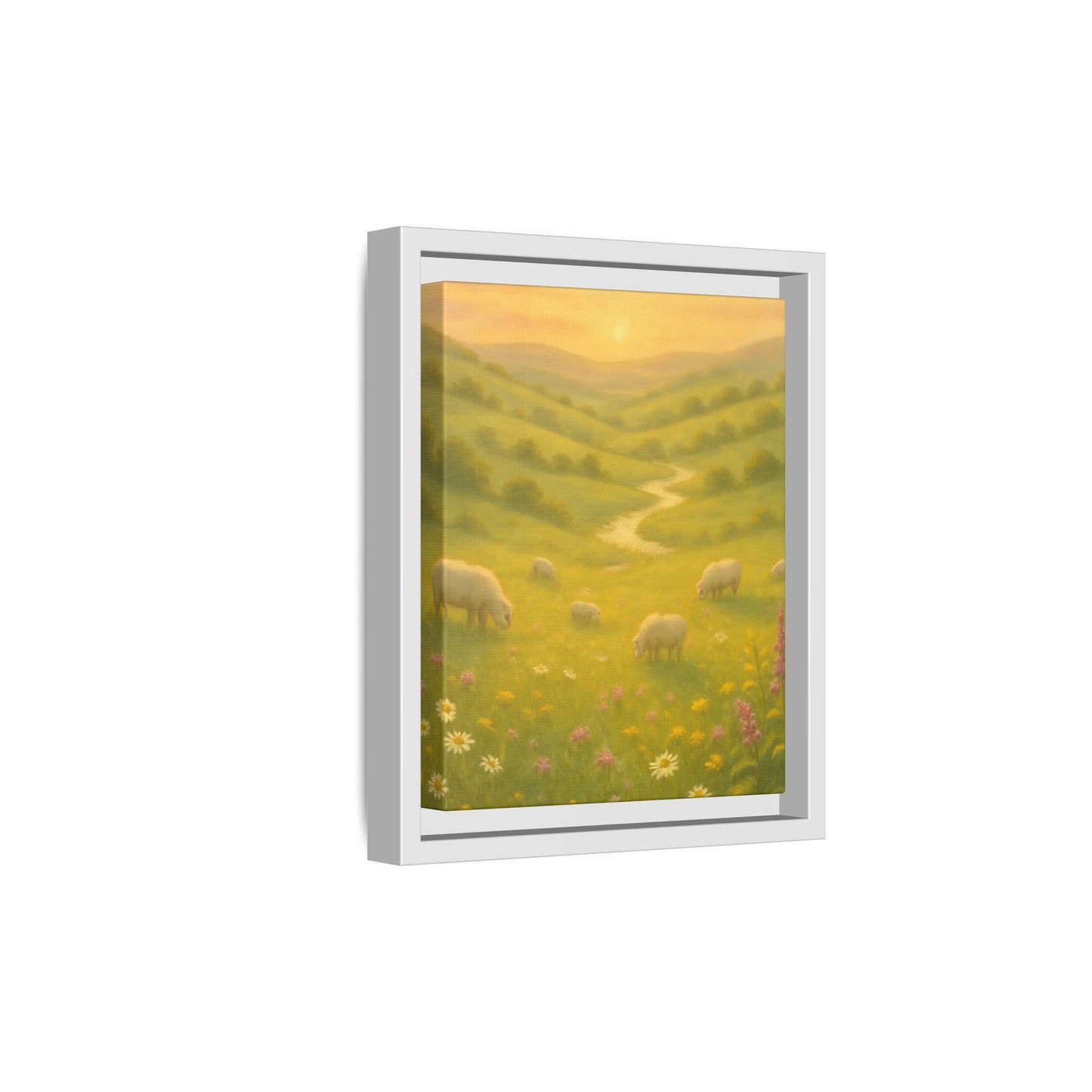 Golden Meadow Sunrise – Framed Matte Canvas Pastoral Landscape Art