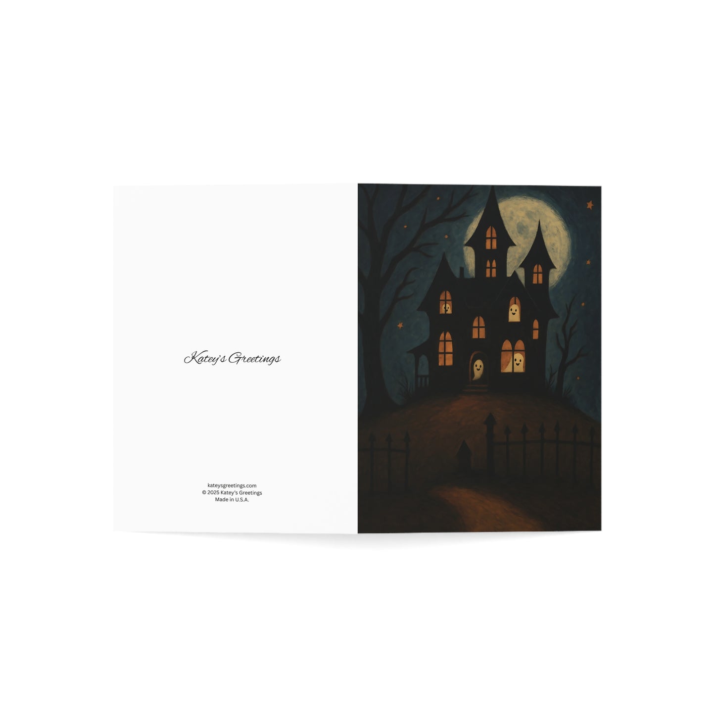 Halloween Card – Haunted House & Friendly Ghosts Under Full Moon – Premium 270gsm Greeting Card + Envelope