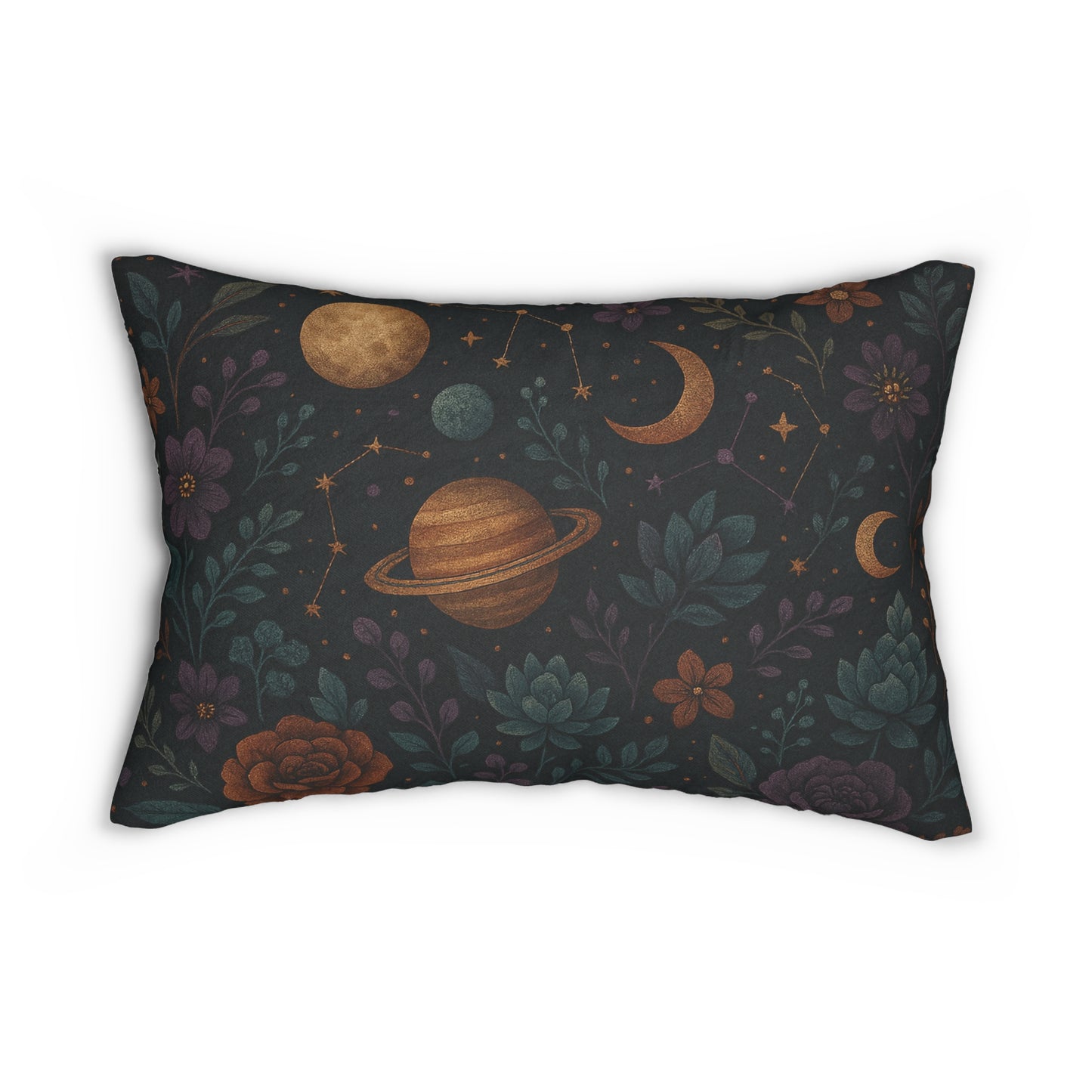 Celestial Garden Lumbar Pillow – Moon & Planets Floral Design