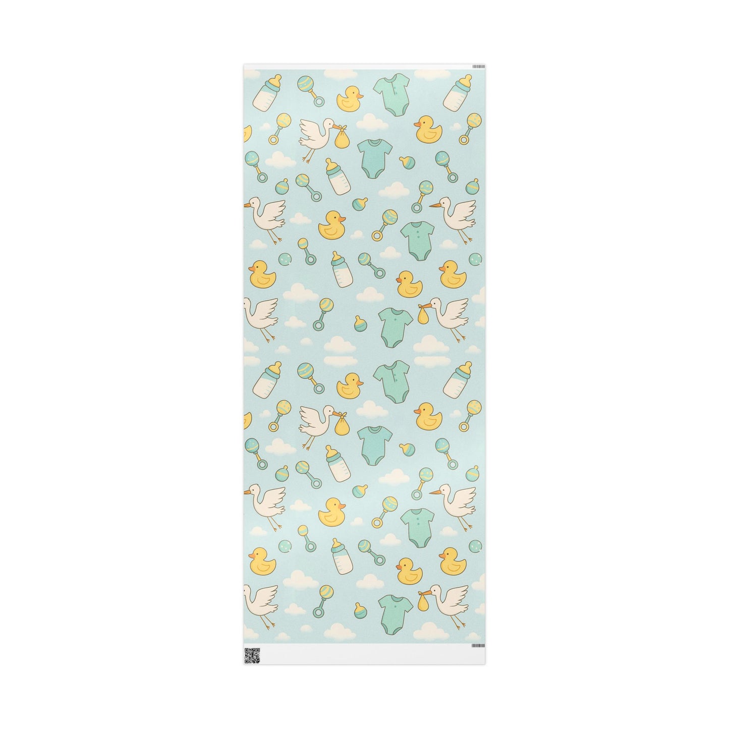 Baby Shower Wrapping Paper – Storks, Ducks & Baby Essentials on Sky Blue