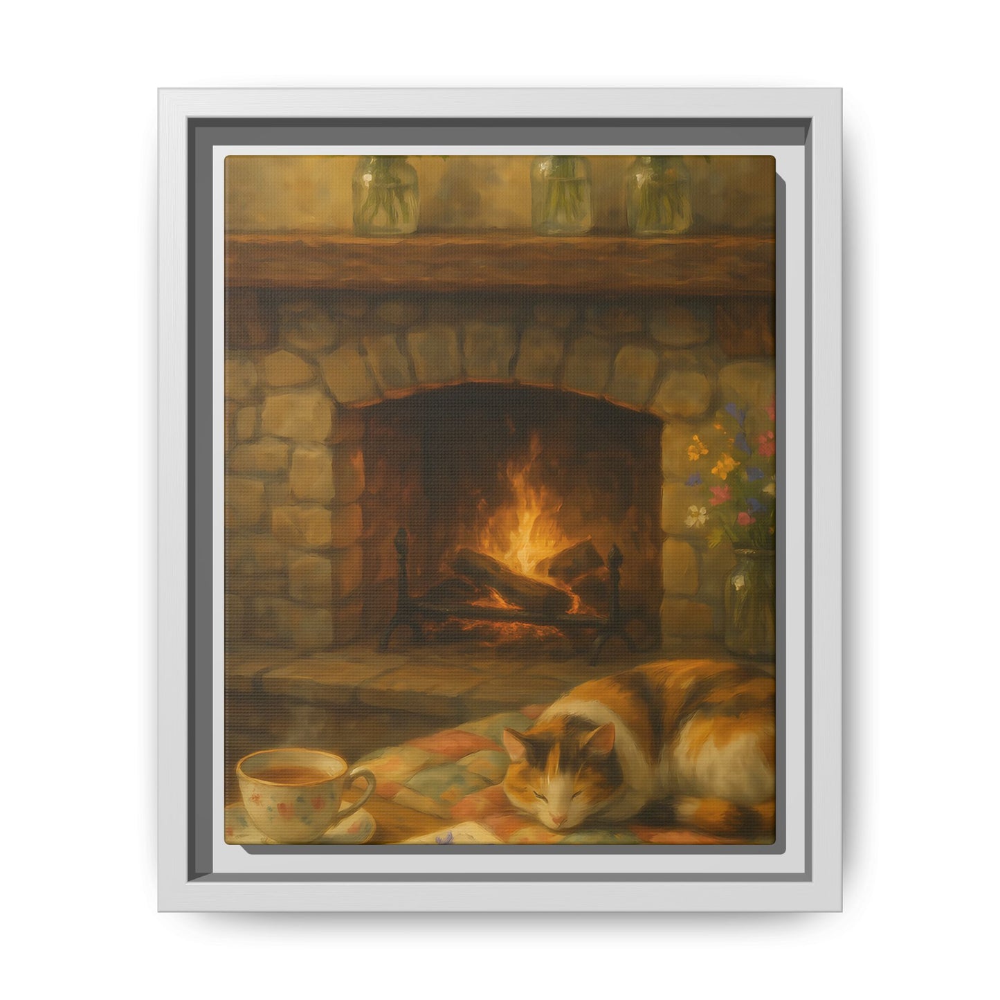 Hearthside Comfort – Framed Matte Canvas with Cat, Fireplace & Tea