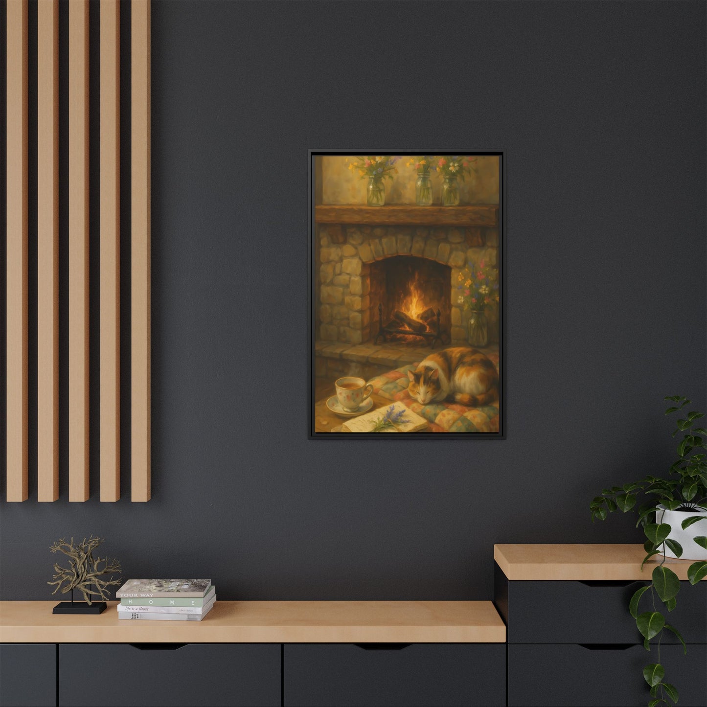Hearthside Comfort – Framed Matte Canvas with Cat, Fireplace & Tea