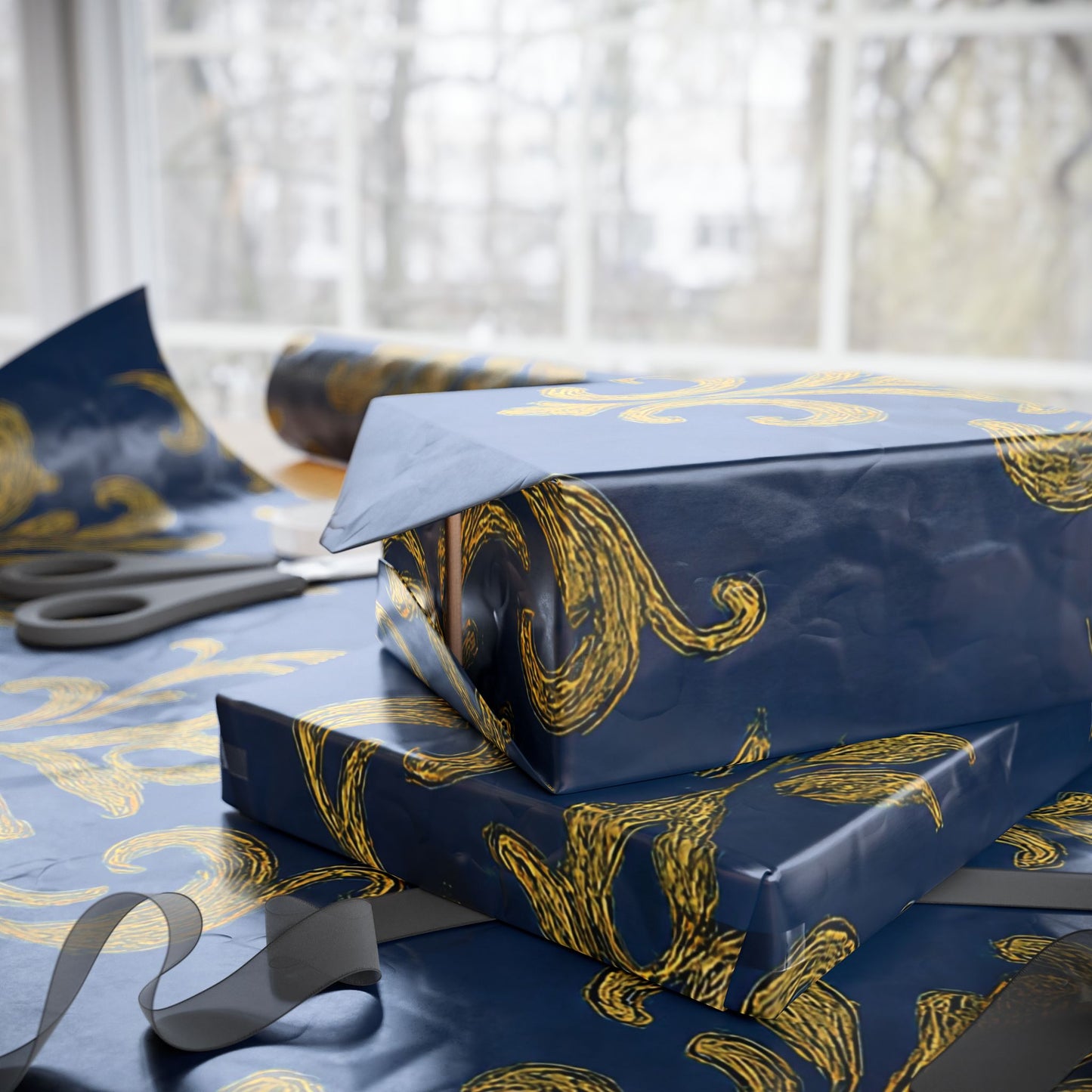 Royal Blue & Gold Damask Wrapping Paper – Elegant Luxury Gift Wrap in Glossy or Matte Finish