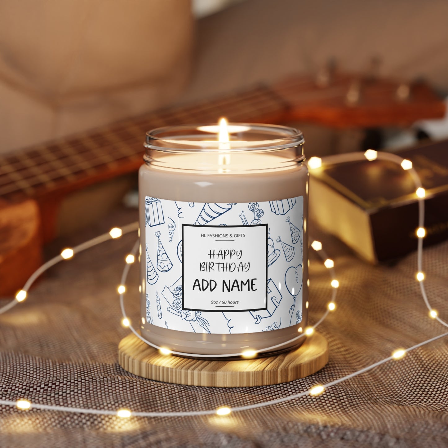 Custom Happy Birthday Soy Candle - Navy Blue Label