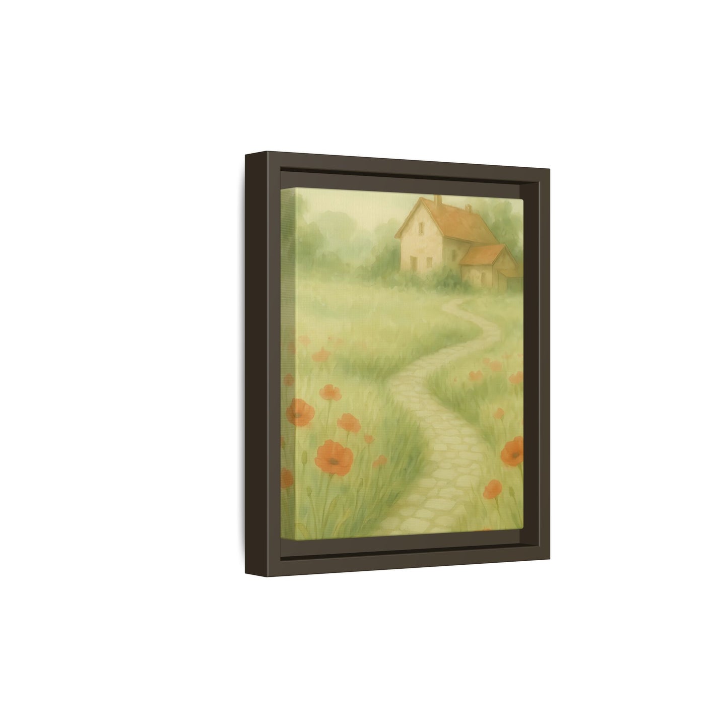 Poppy Path to Home – Framed Matte Canvas of Cottage & Flower Field Landscape