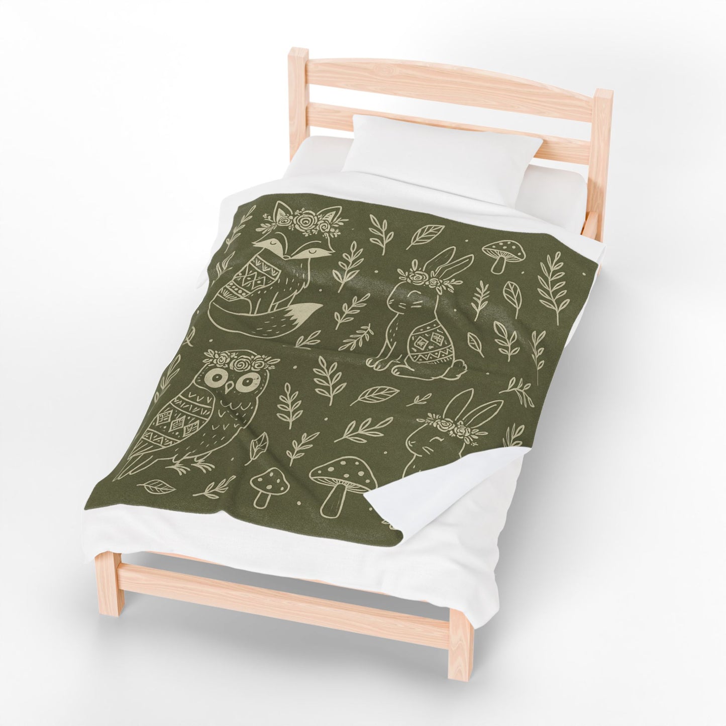 Boho Woodland Animal Velveteen Plush Blanket – Forest Green