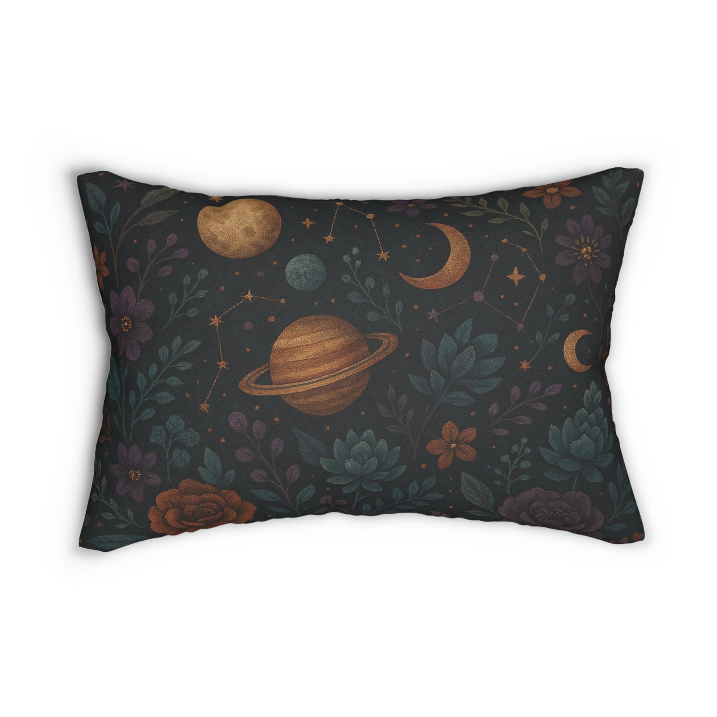 Celestial Garden Lumbar Pillow – Moon & Planets Floral Design