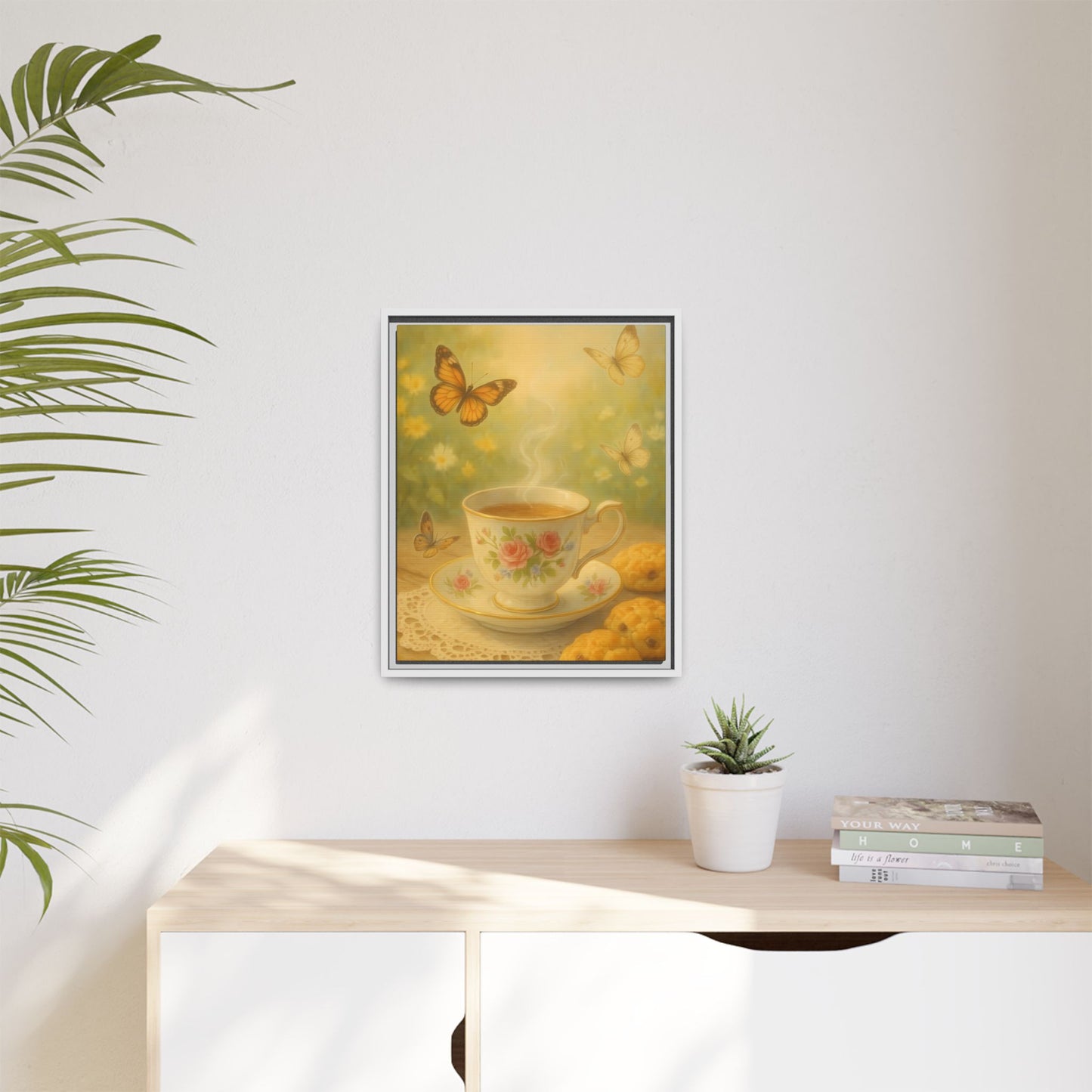 Tea & Butterflies – Framed Matte Canvas of Vintage Teacup and Garden Scene