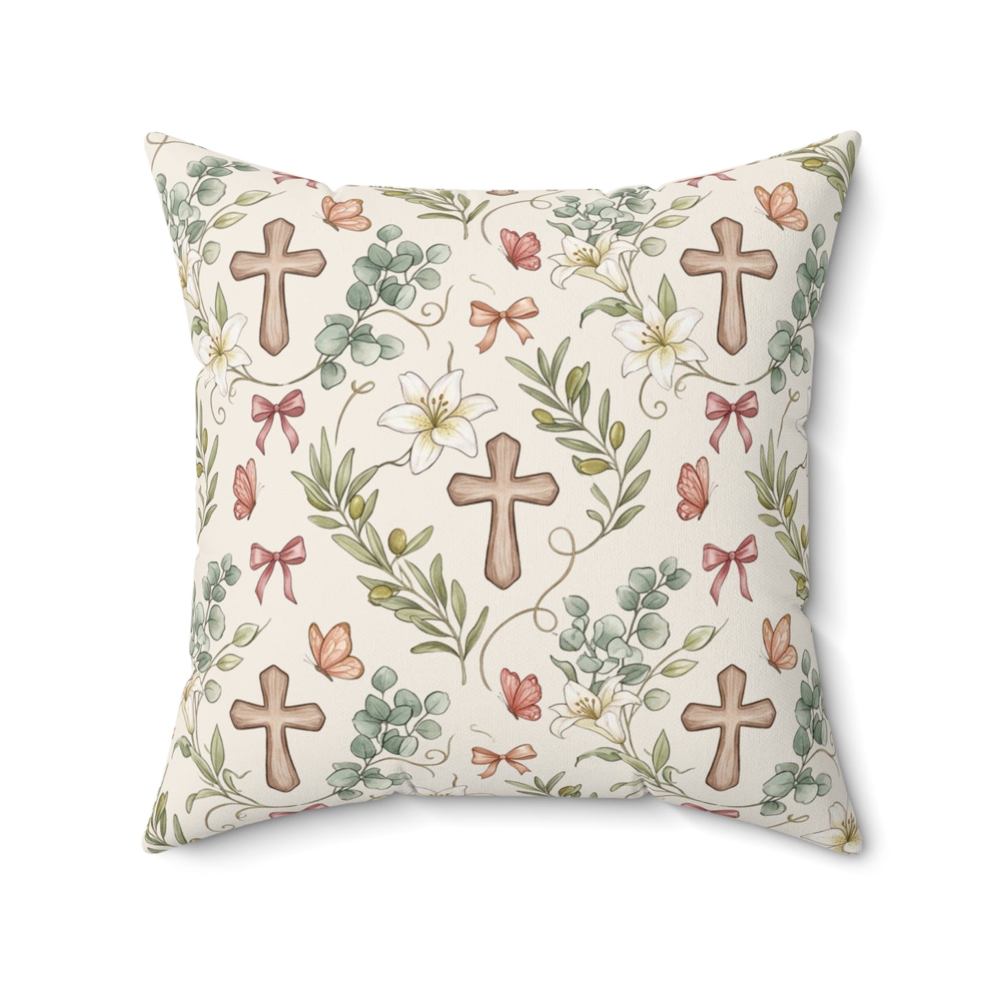 Easter Floral Cross Decorative Pillow — Religious Spring Throw Pillow
