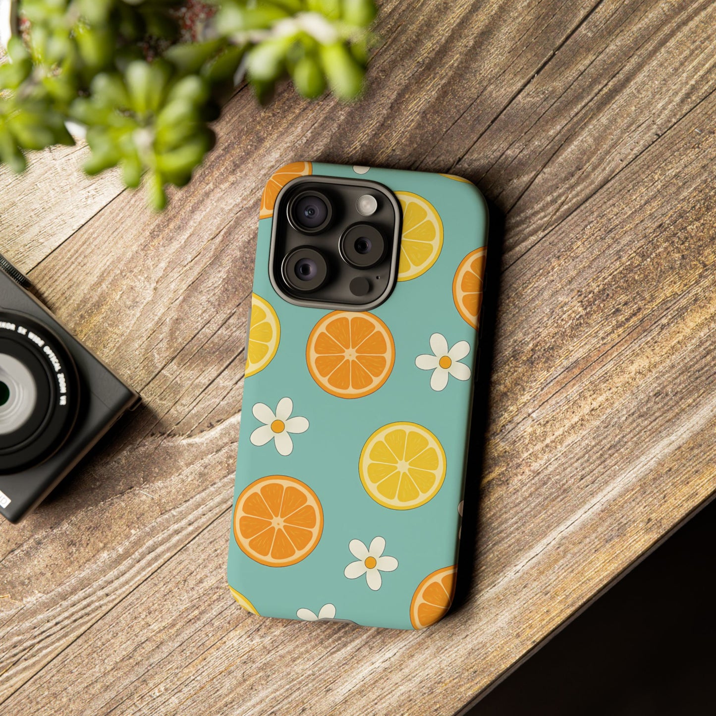 Citrus Bloom Phone Case – Orange, Lemon & Daisy Pattern on Teal