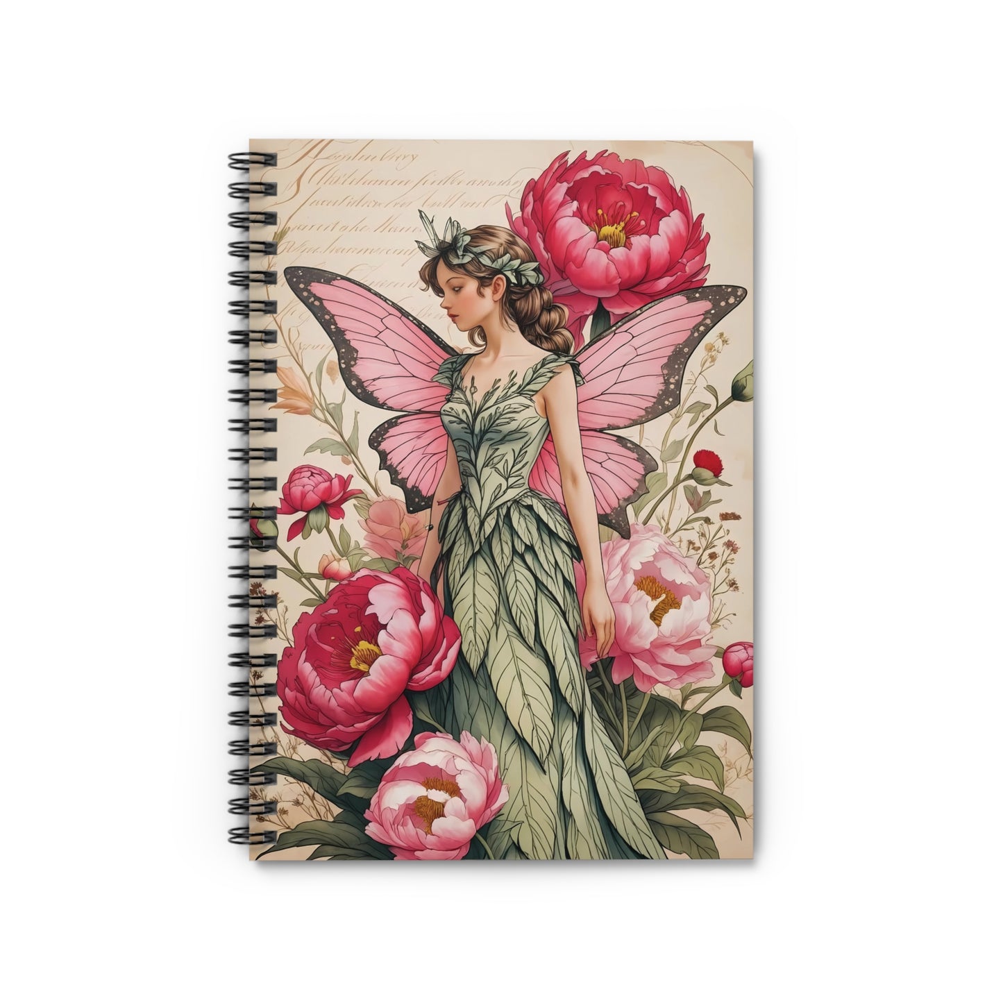 Pink Fairy Garden Spiral Notebook – 6x8 Cottagecore Lined Journal with Document Pocket for Notes and Creative Writing