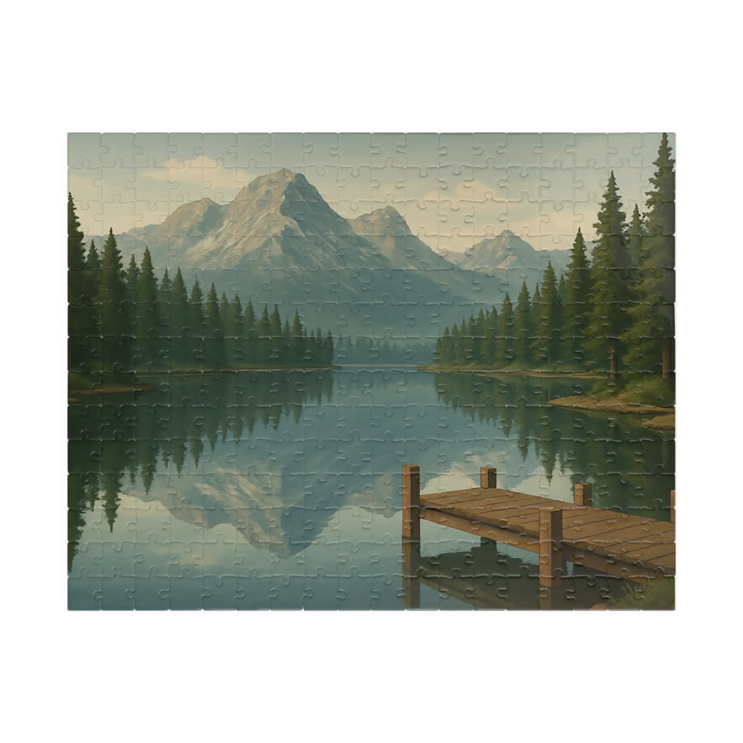 Mountain Lake Reflection Jigsaw Puzzle – Scenic Nature Dock View
