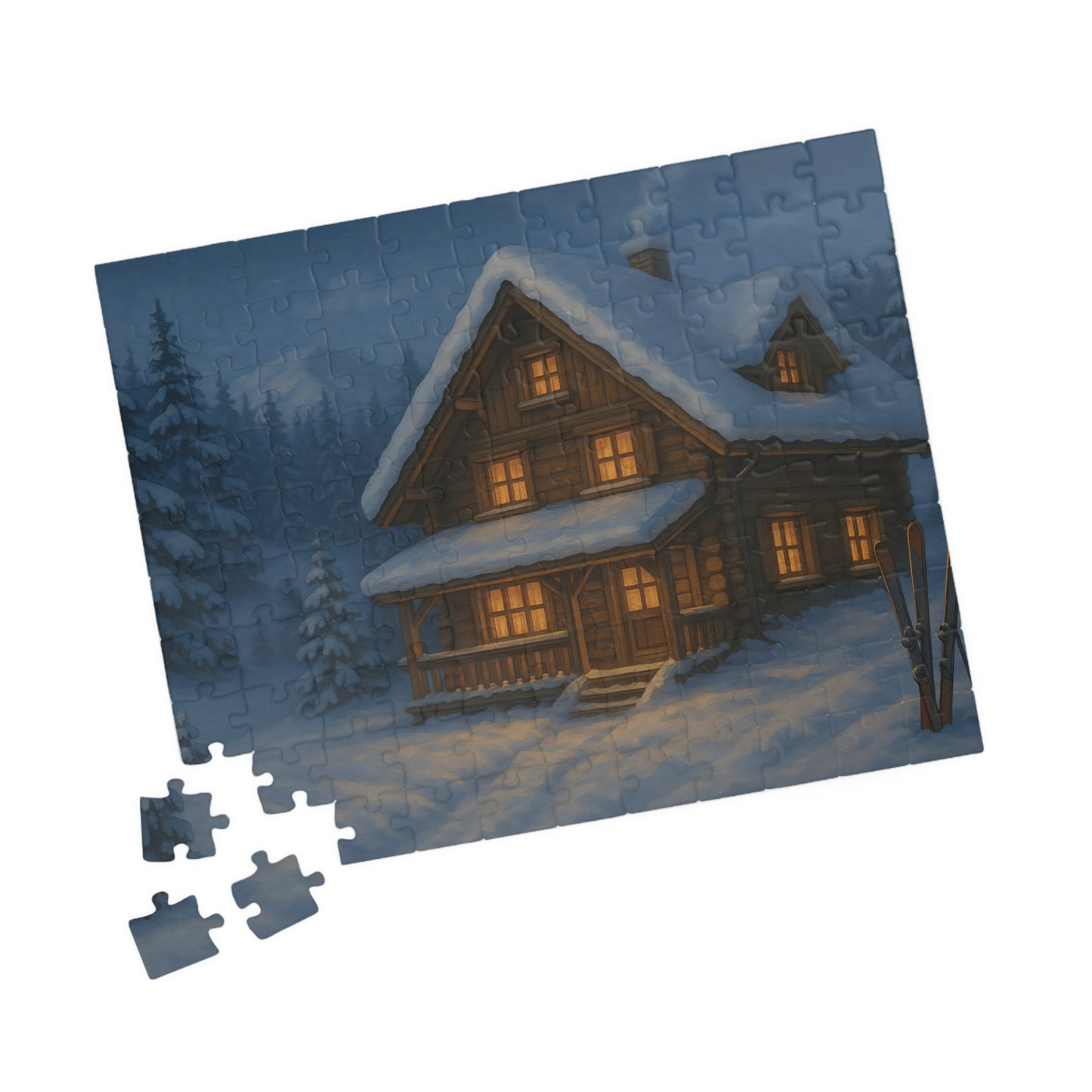 Cozy Winter Cabin Jigsaw Puzzle – Snowy Chalet at Night