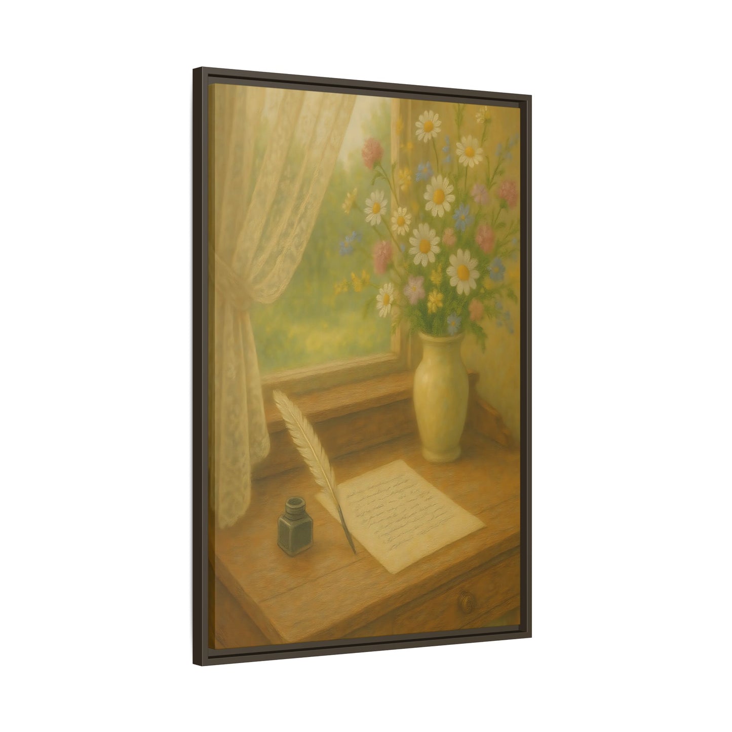 Sunlit Writing Desk – Framed Matte Canvas Art of Quill, Flowers & Lace Window