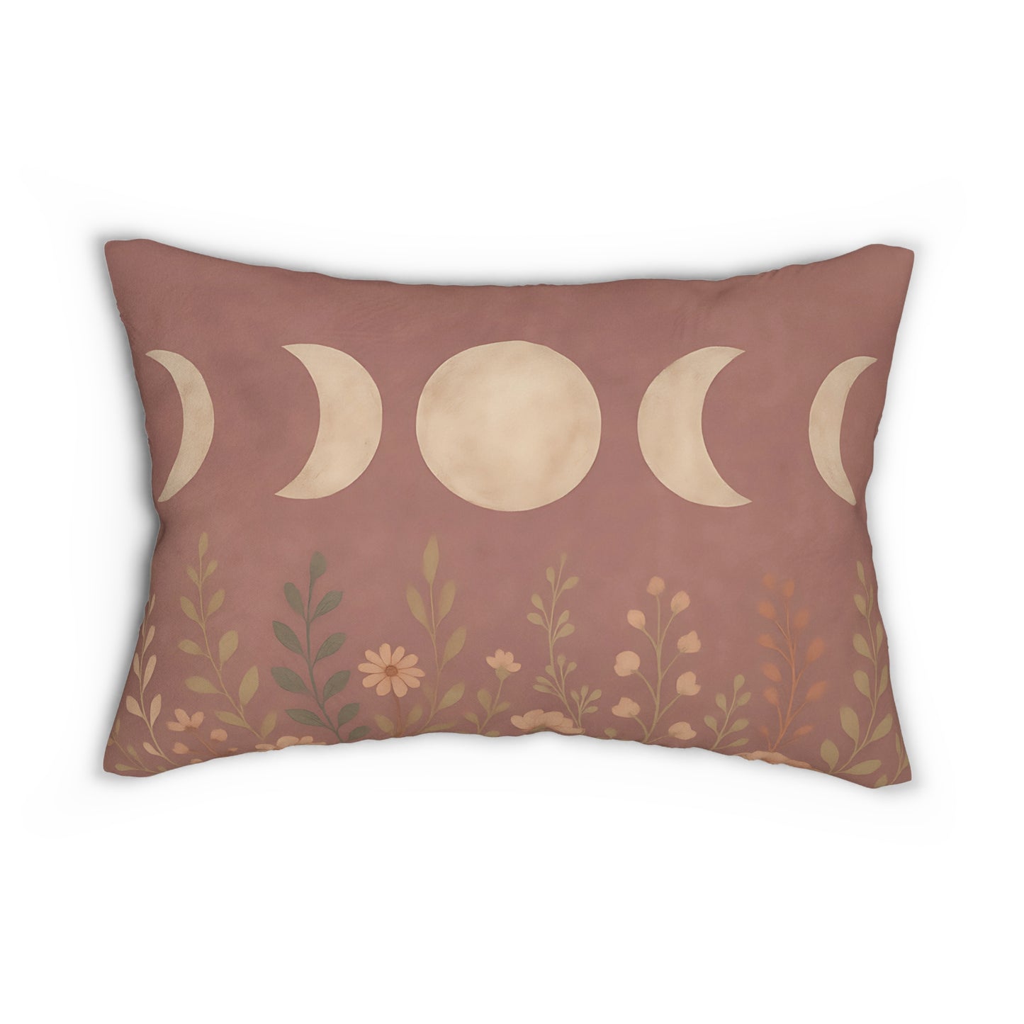 Boho Moon Phases Lumbar Pillow with Floral Accents – Double-Sided Bohemian Throw Pillow