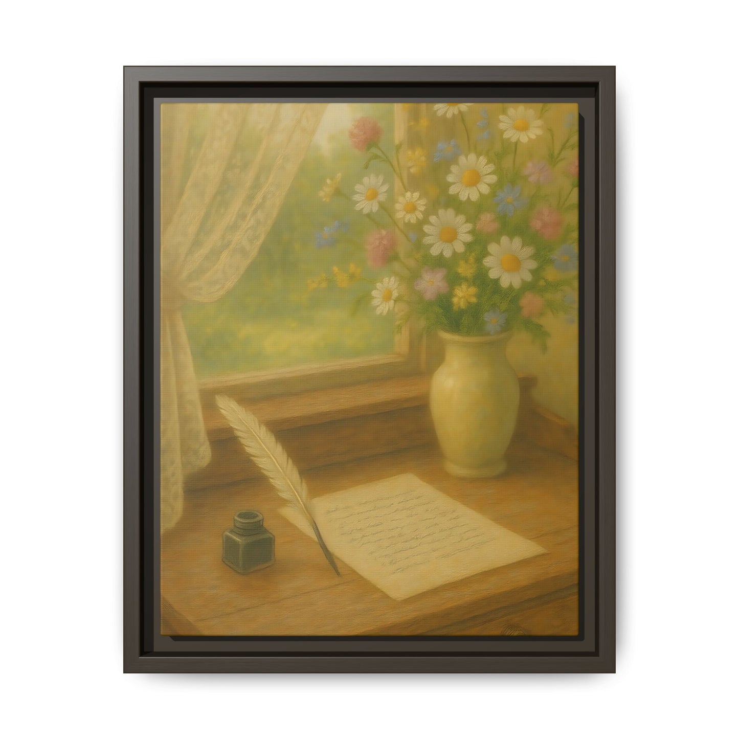 Sunlit Writing Desk – Framed Matte Canvas Art of Quill, Flowers & Lace Window