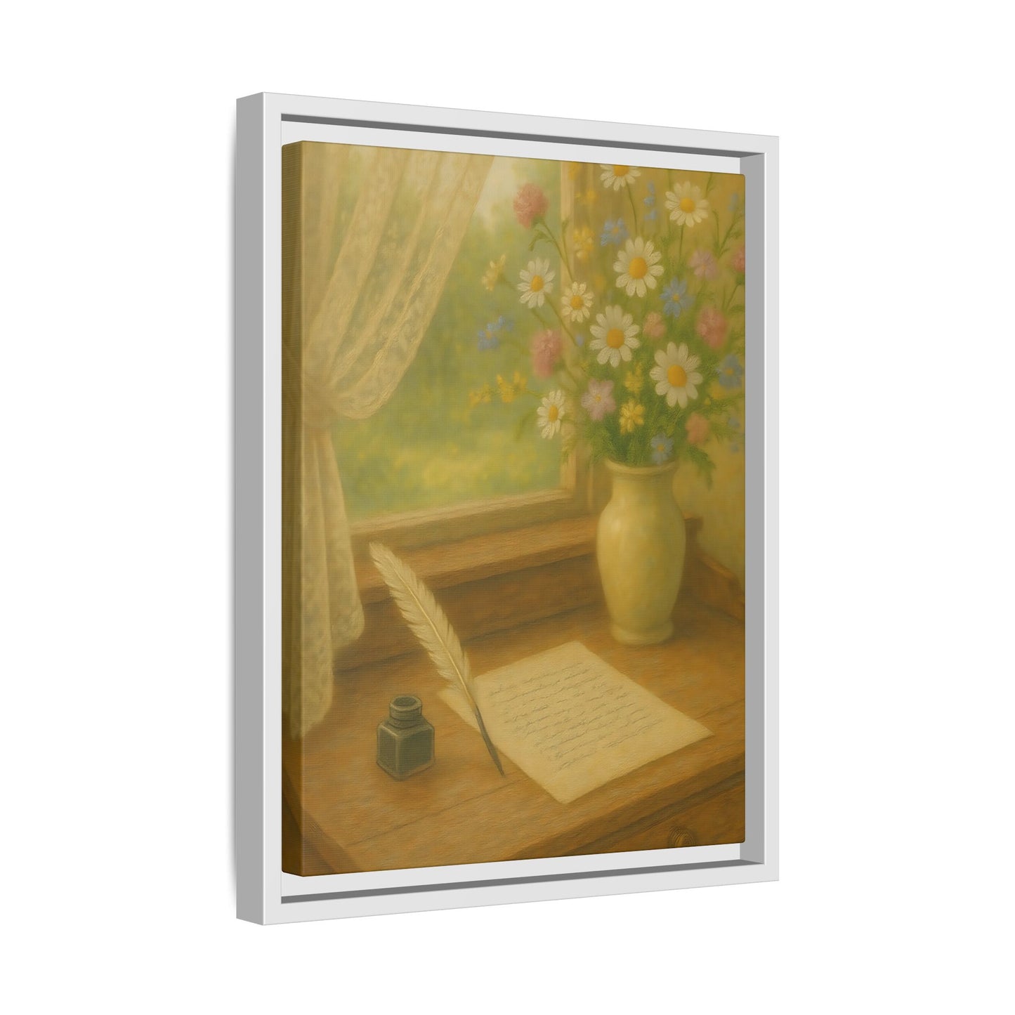 Sunlit Writing Desk – Framed Matte Canvas Art of Quill, Flowers & Lace Window