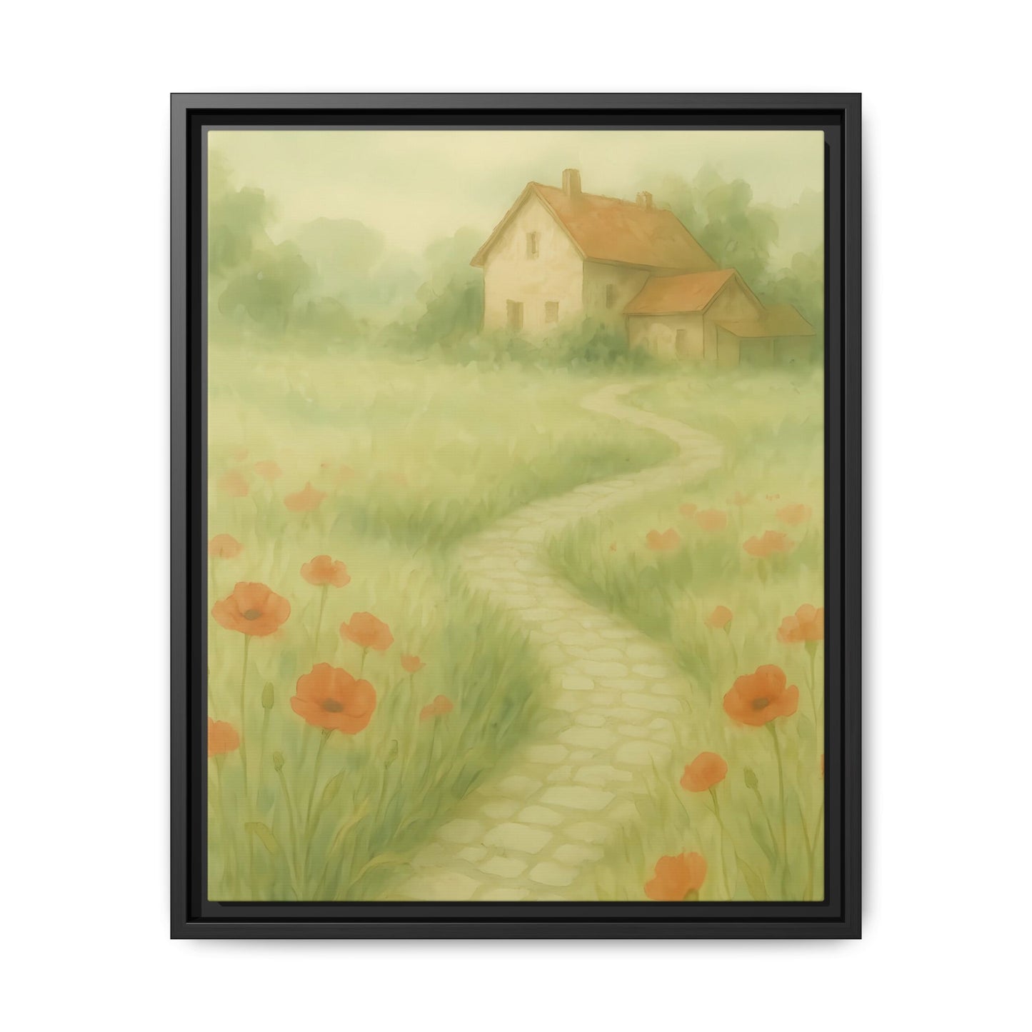 Poppy Path to Home – Framed Matte Canvas of Cottage & Flower Field Landscape