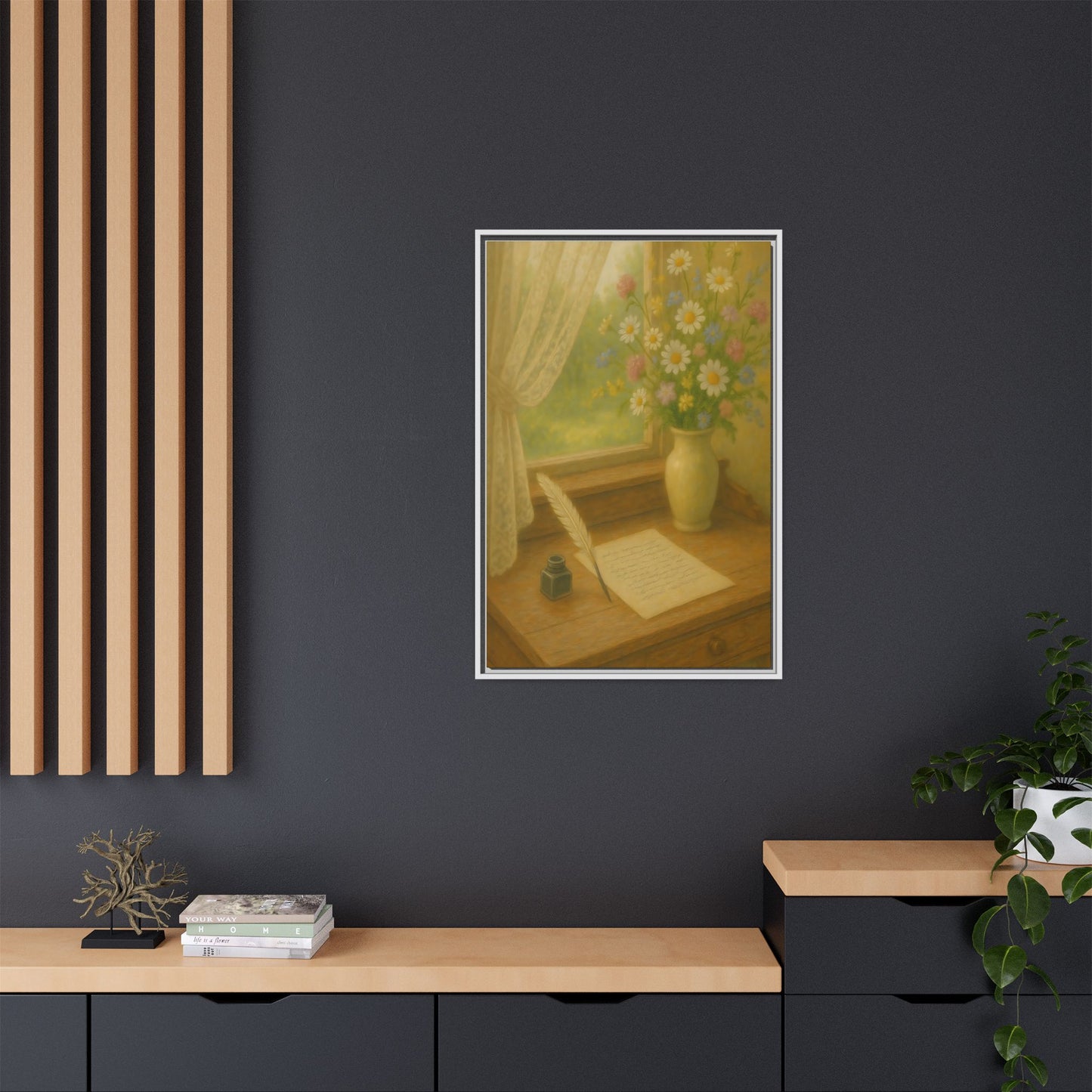 Sunlit Writing Desk – Framed Matte Canvas Art of Quill, Flowers & Lace Window