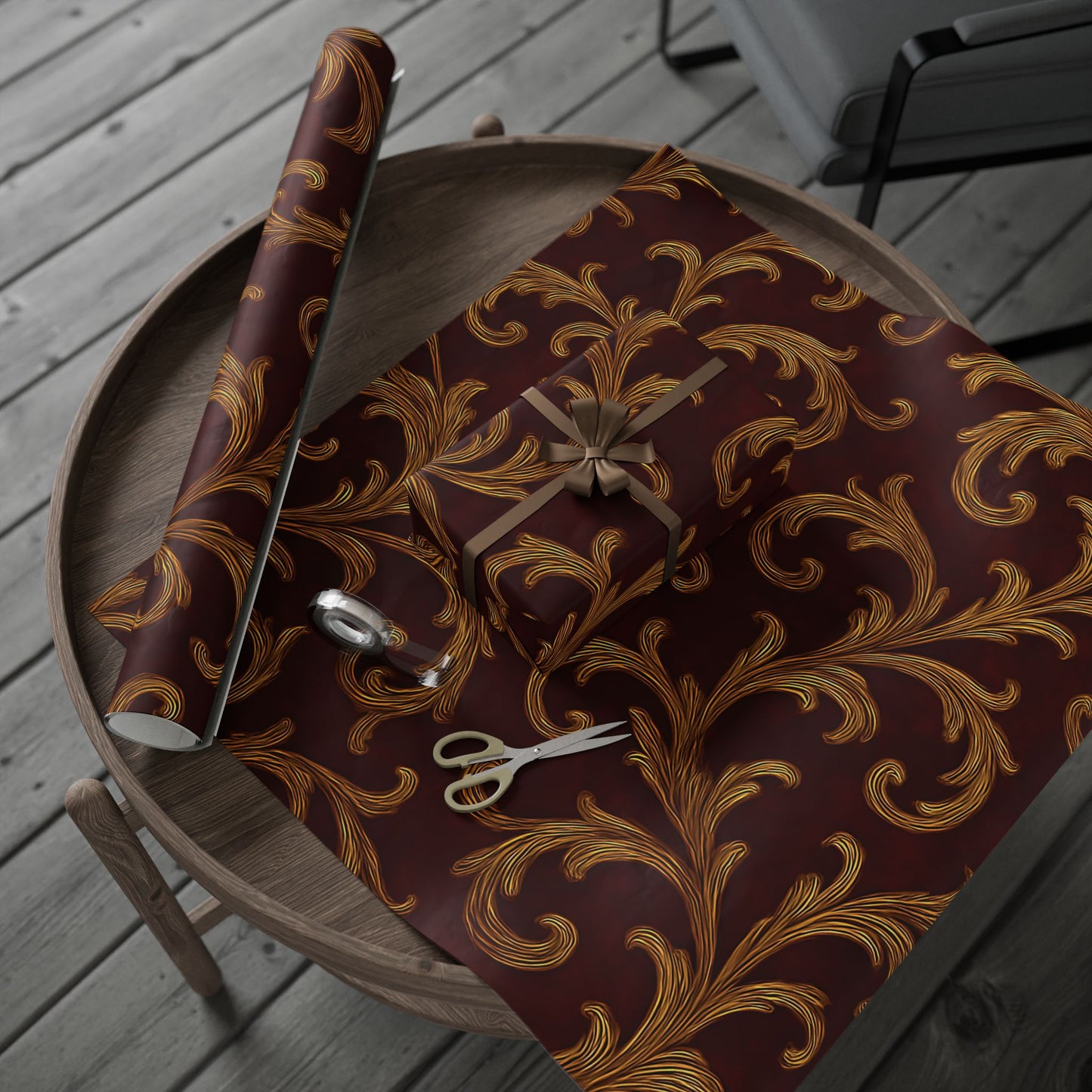 Burgundy & Gold Baroque Scroll Wrapping Paper – Luxurious Gift Wrap in Glossy or Matte Finish
